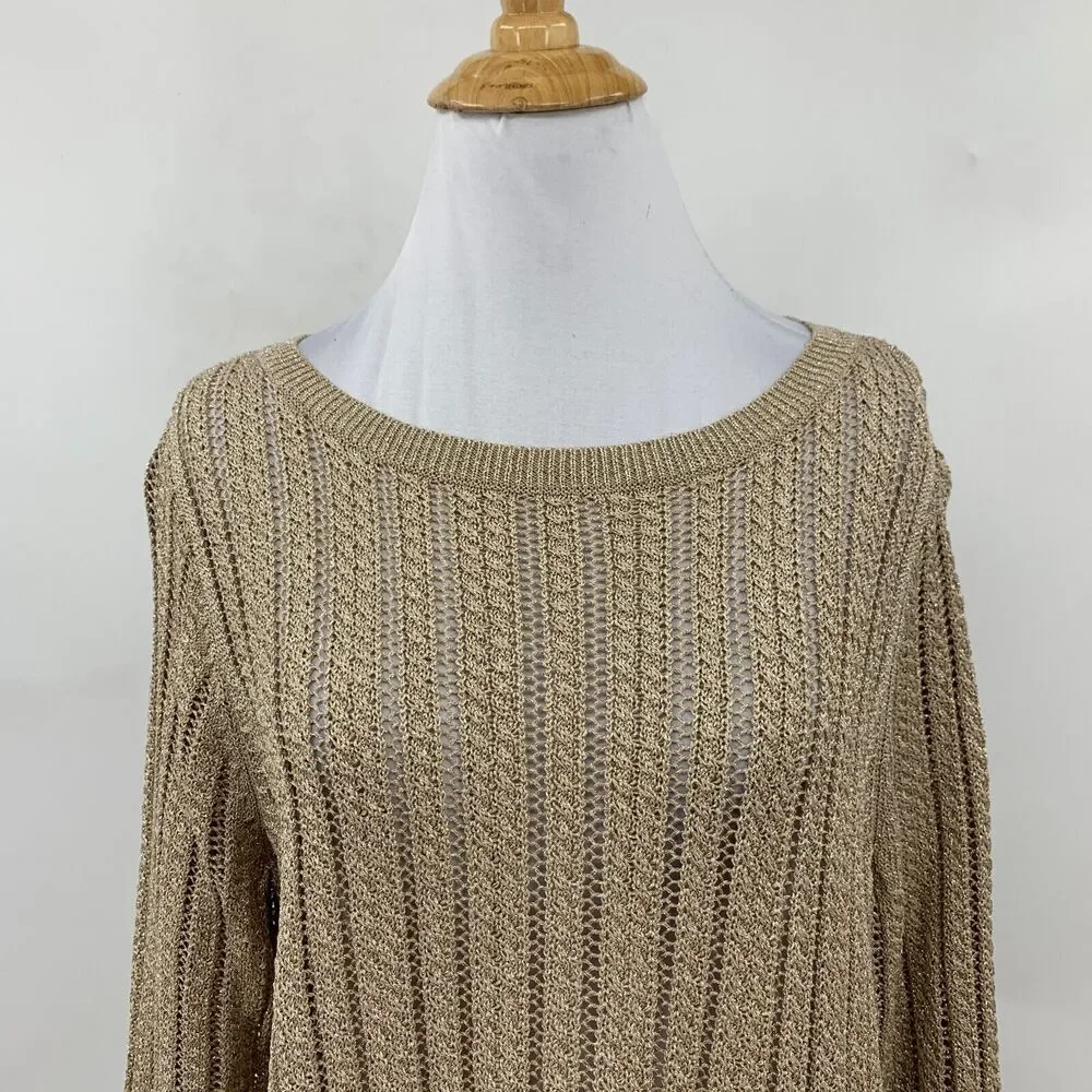 Talbots Sweater Womens XLP Gold Petite Linen Metallic Blend Open Knit Pullover